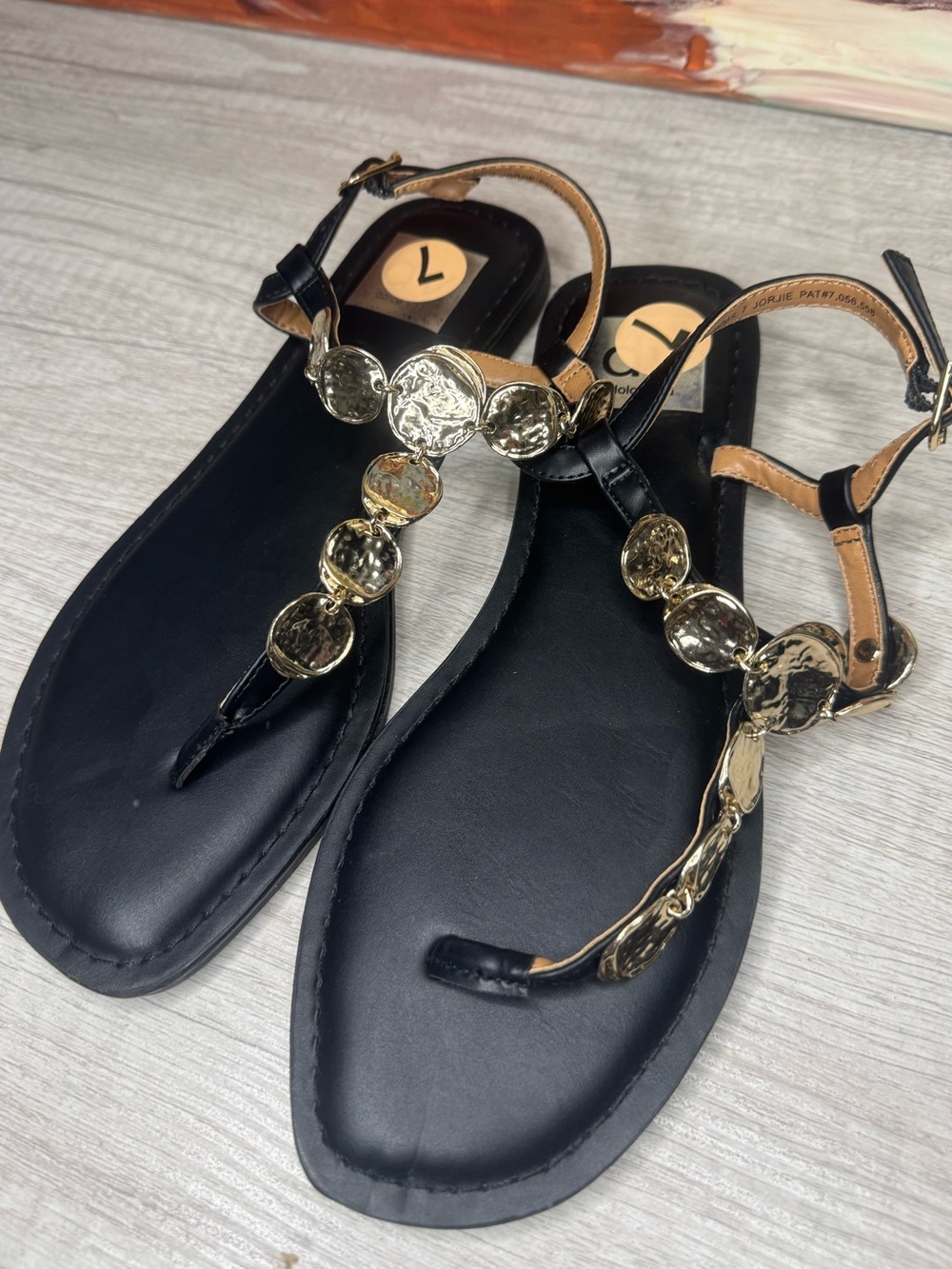 Dolce Vita Black Sandals with Gold Coin Embellishments - Picture 3 of 7